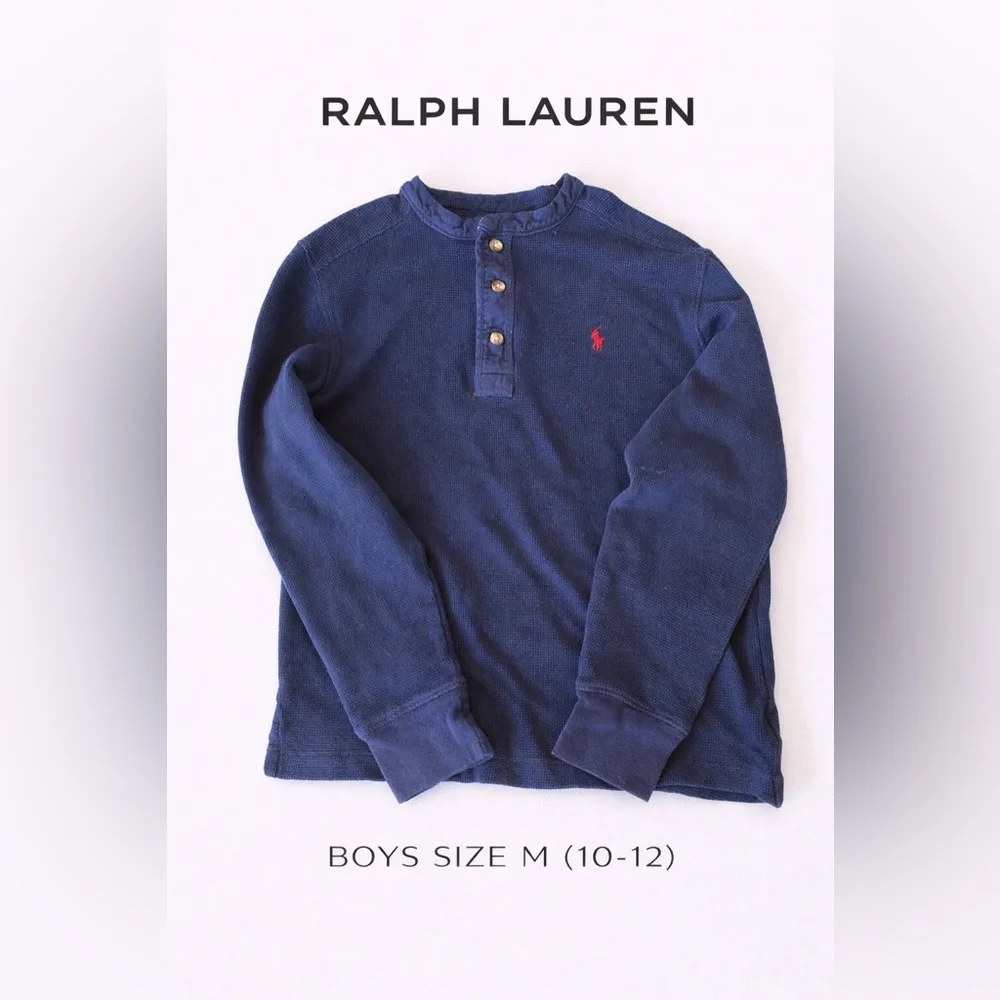 Ralph Lauren Navy Long-Sleeve Henley with Red Pony Logo